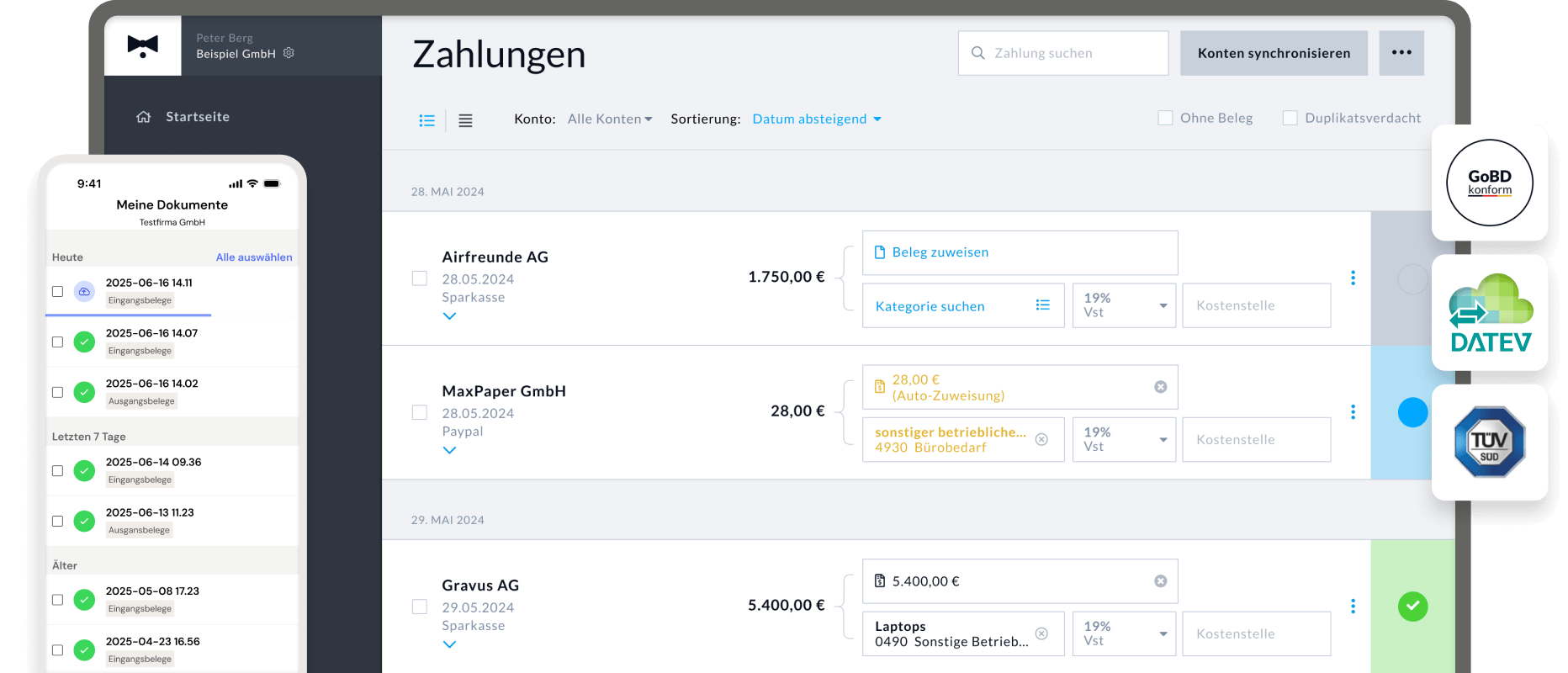 Screenshot: Zahlungen mit automatischer Belegzuweisung von BuchhaltungsButler