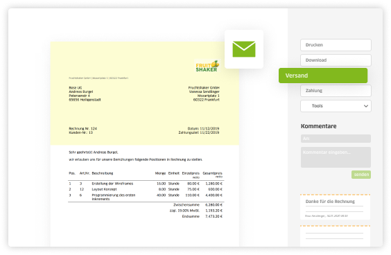 Screenshot: Rechnung erstellen und versenden von FastBill