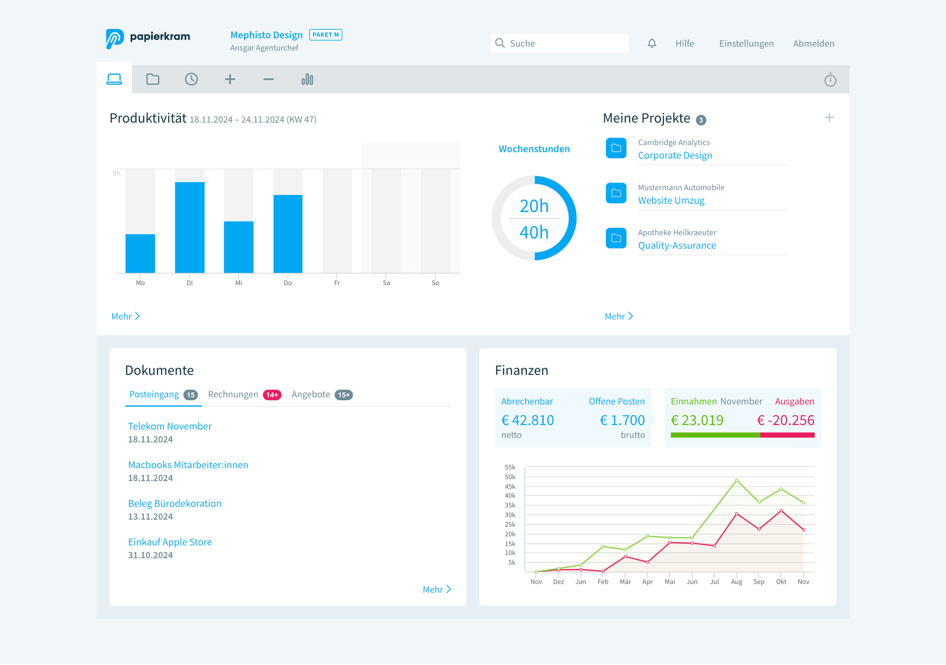 Screenshot: Dashboard von Papierkram