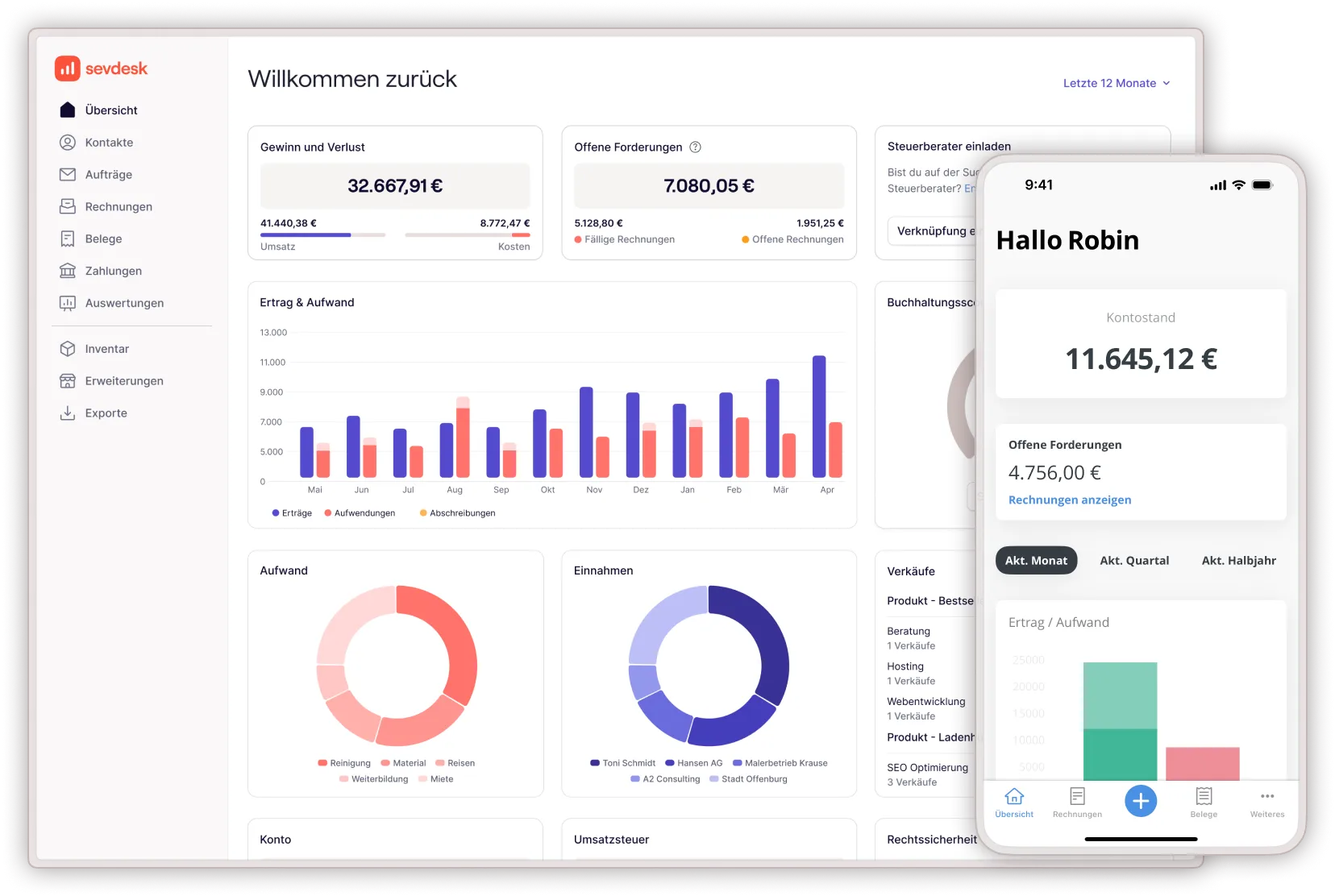 Screenshot: Dashboard „Willkommen zurück" mit Gewinn- und Verlust, offenen Forderungen und Mobile-App von sevDesk